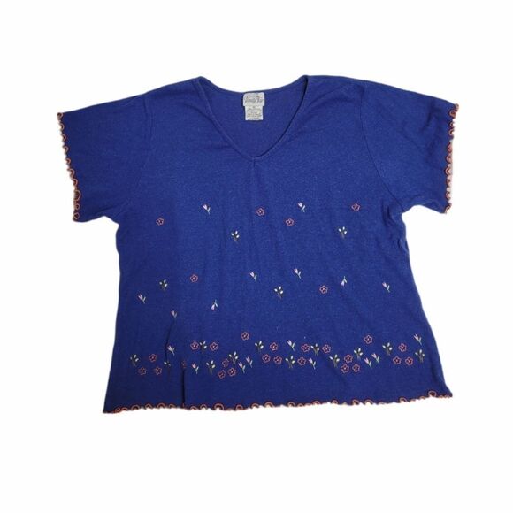 VINTAGE‎ 90s shirt Vanity Fair top blue embroidered floral lettuce hem M - Picture 1 of 7